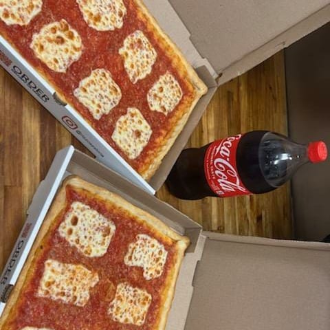 2 Square Cheese Pizza + Free 2ltr Soda.